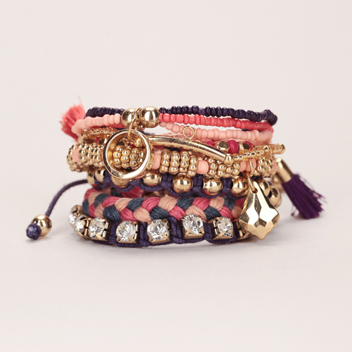 PIECES-Lot-6-bracelets-dorés-perles-rose-violet-pampilles